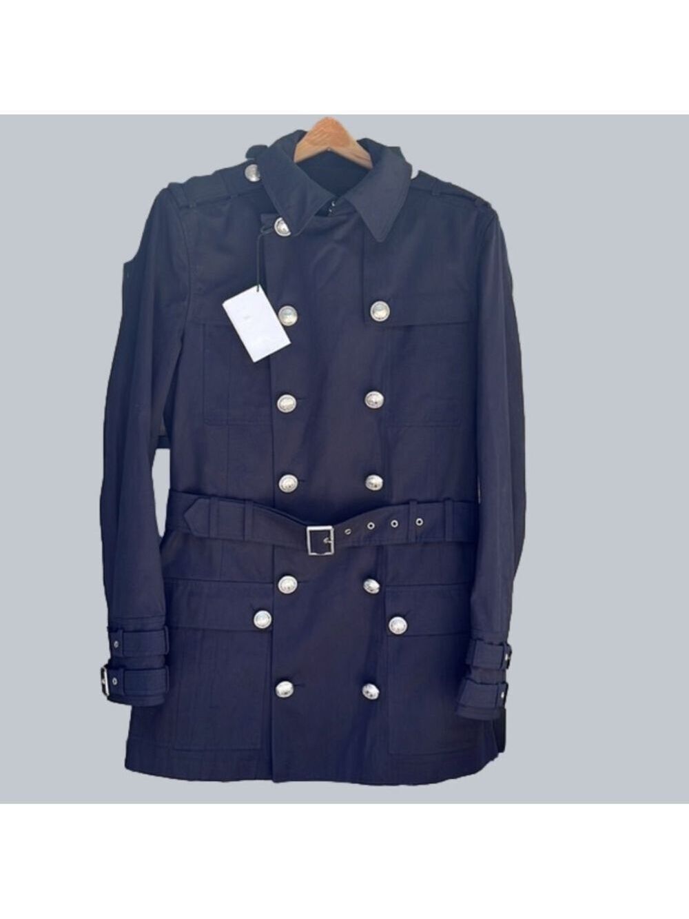 🆕 Balmain Navy Logo Button Belted Officer Trench Coat Size XL / US 46